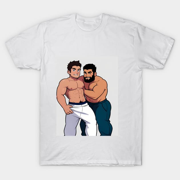 Cartoon of two toned topless guys in sweatpants play wrestling